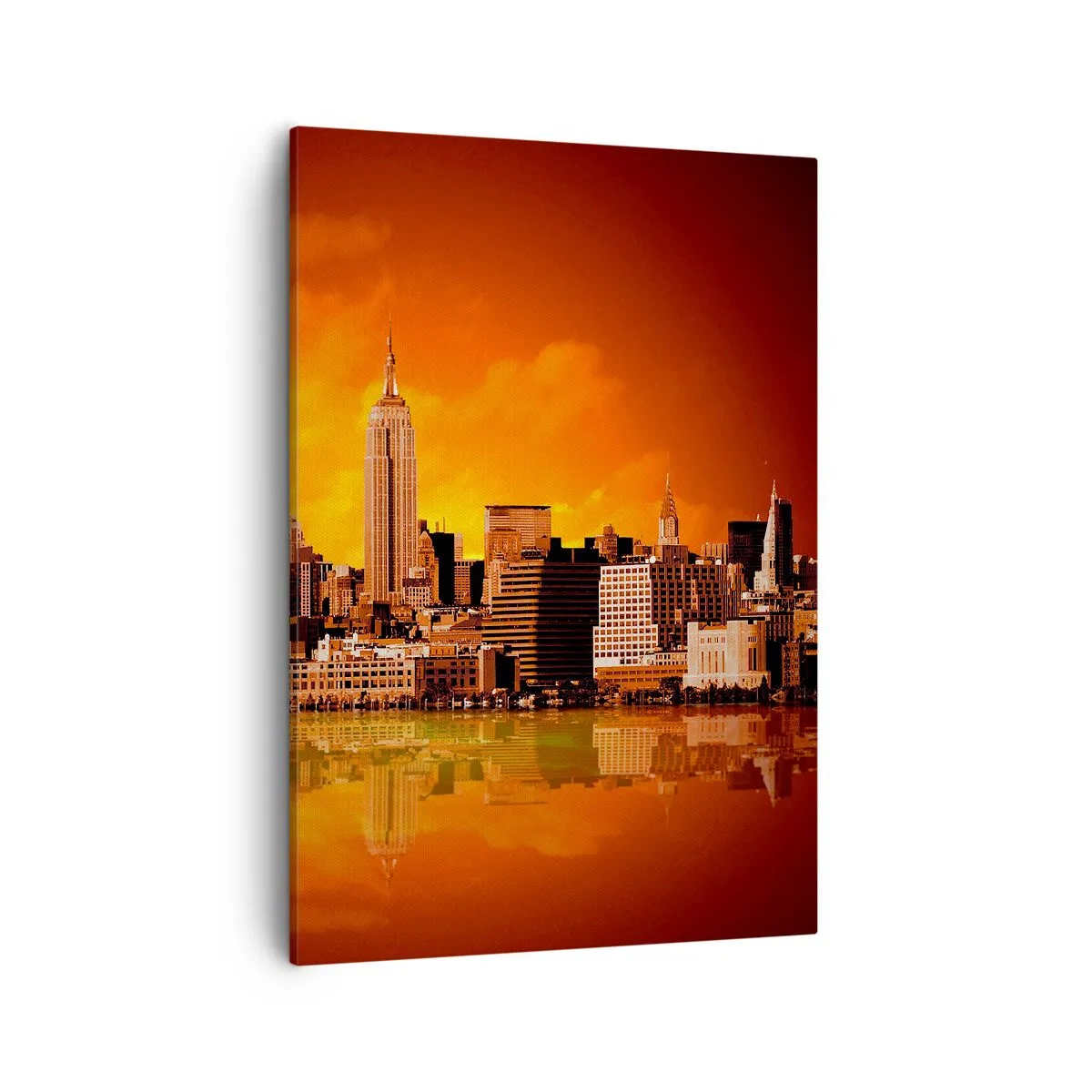 Impression sur toile - Image sur toile - Panorama de la ville au coucher du soleil avec les bâtiments se reflétant dans l'eau - 50x70cm - Panorama de grande ville en jaune et bronze - Décoration murale moderne pour le salon et la chambre ARTTOR
