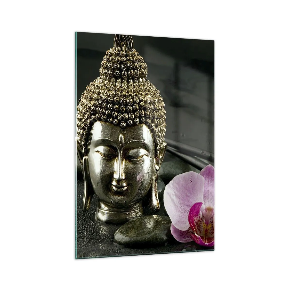 Impression sur verre - Image sur verre - Une statuette de Bouddha avec une orchidée et des baguettes sur un fond de pierres - 70x100cm - Harmonie de la sagesse et de la beauté - Décoration murale moderne pour le salon et la chambre ARTTOR