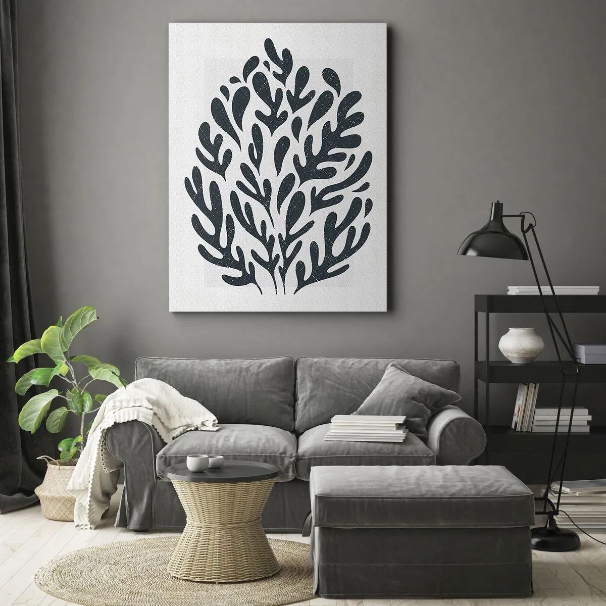 Impression sur toile - Image sur toile - Motif de feuille abstrait sombre sur fond clair - 50x70cm - Formes de la nature - Décoration murale moderne pour le salon et la chambre ARTTOR