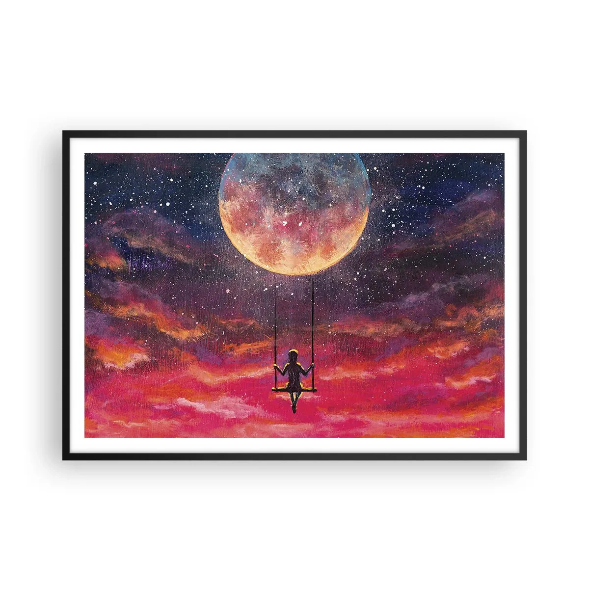 Affiche dans un cadre noir - Poster - Une silhouette sur une balançoire suspendue contre la lune - 100x70cm - Se balancer dans les nuages - Décoration murale moderne pour le salon et la chambre ARTTOR