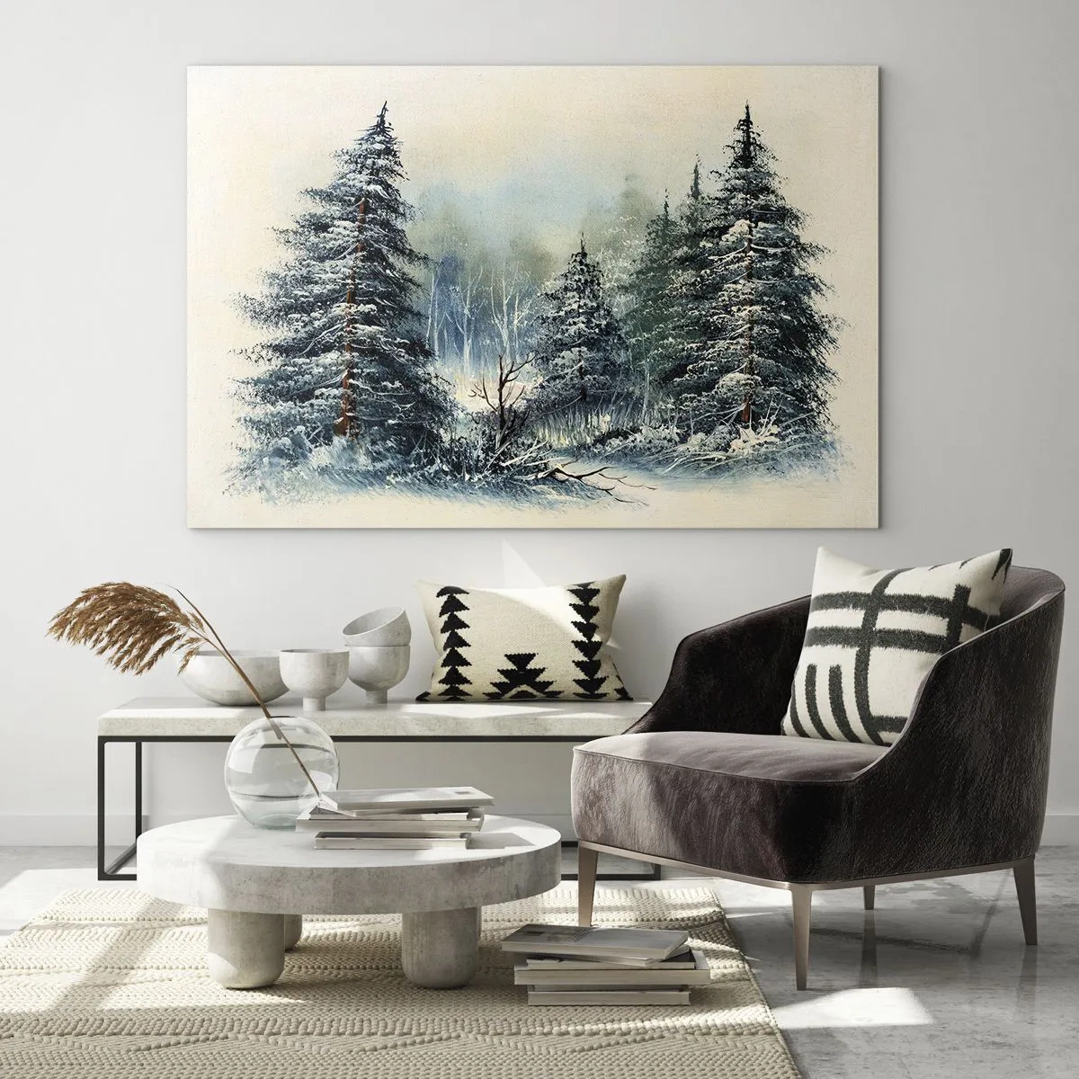 Impression sur verre - Image sur verre - Forêt d'hiver avec des arbres enneigés contre le ciel - 70x50cm - Prêt pour les fêtes - Décoration murale moderne pour le salon et la chambre ARTTOR