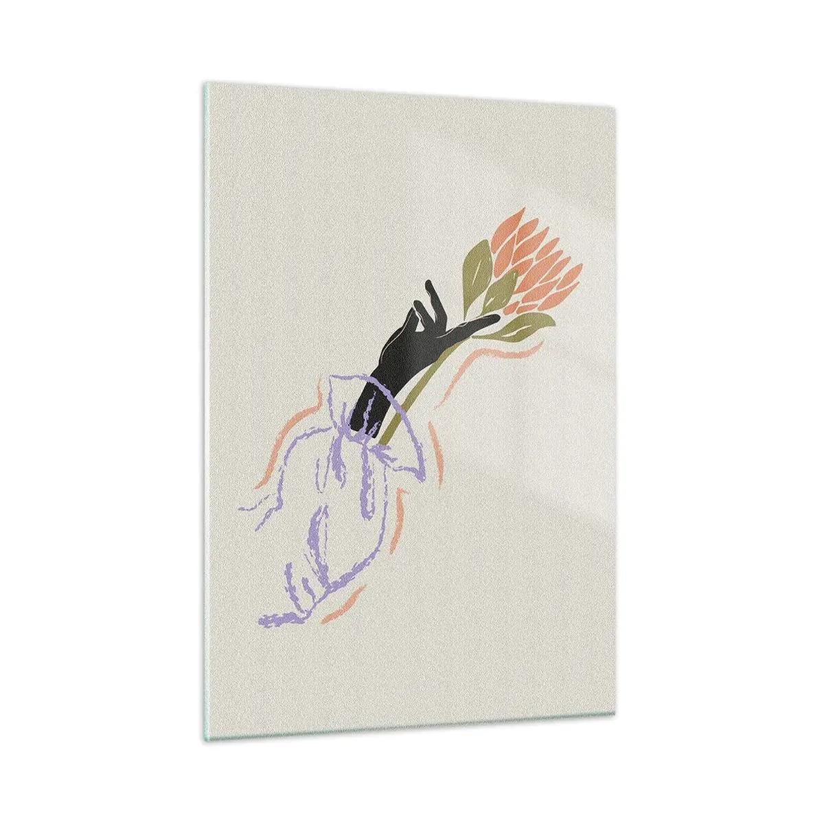 Impression sur verre - Image sur verre - Une main stylisée avec un bouquet de fleurs dessiné avec des lignes pastel. - 50x70cm - Touche fraternelle - Décoration murale moderne pour le salon et la chambre ARTTOR