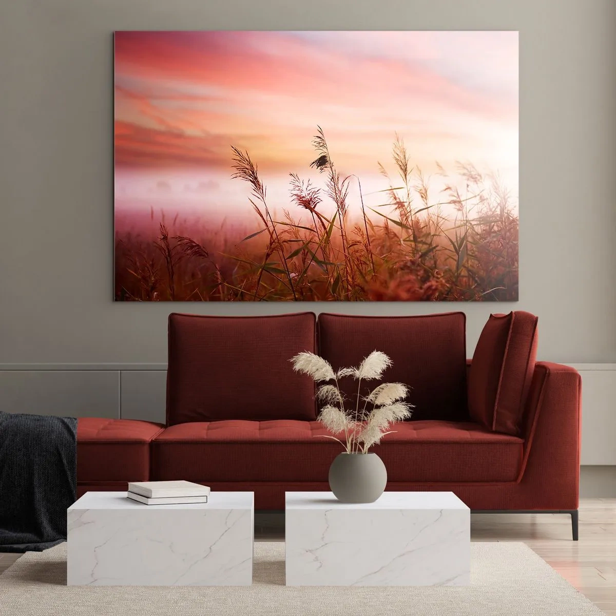 Impression sur verre - Image sur verre - Une prairie dans le brouillard du matin avec un ciel pastel - 70x50cm - Cerfs-volants, pissenlits, vent - Décoration murale moderne pour le salon et la chambre ARTTOR