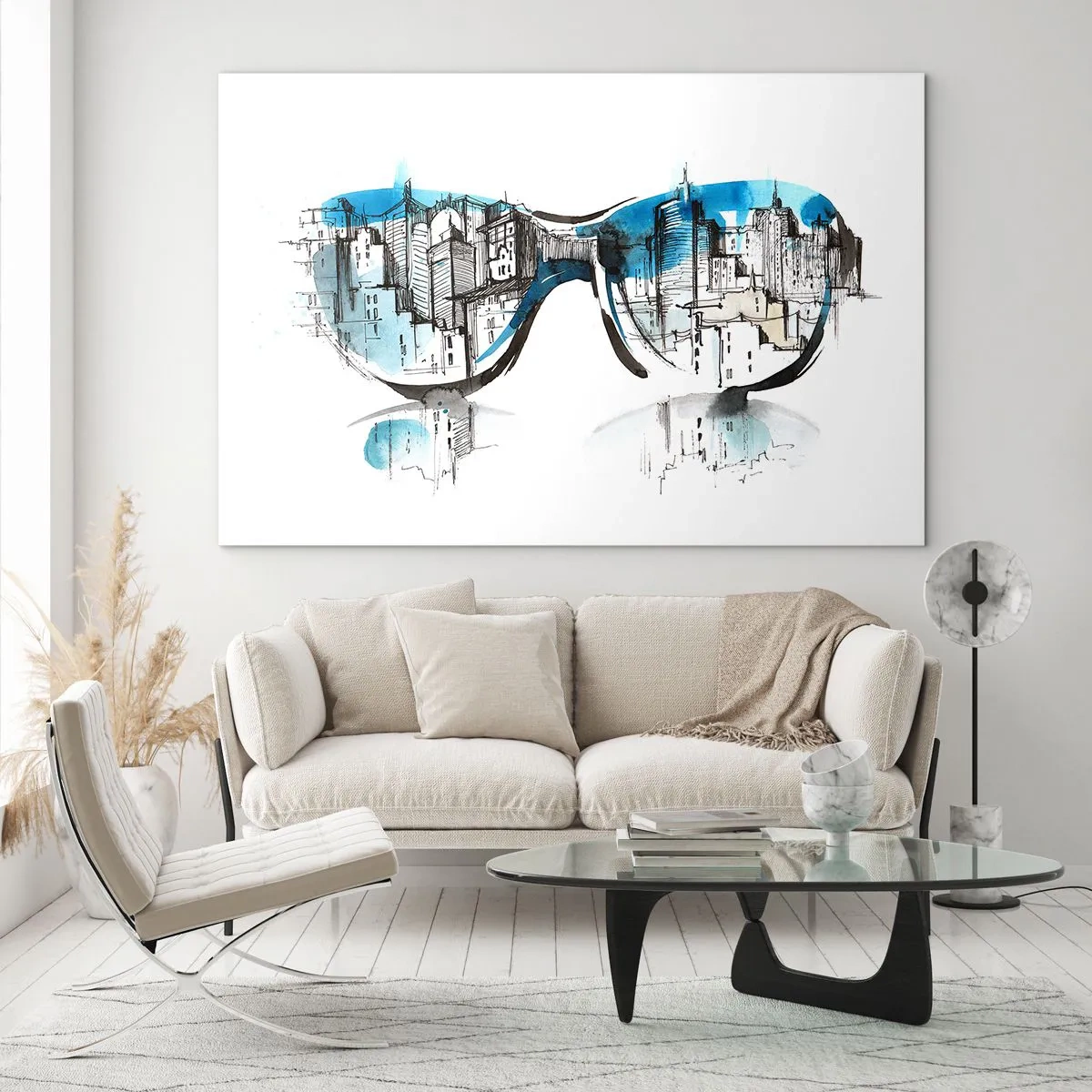 Impression sur verre - Image sur verre - Le panorama de la ville reflété dans les lunettes de soleil - 70x50cm - Le chic des grandes villes - Décoration murale moderne pour le salon et la chambre ARTTOR