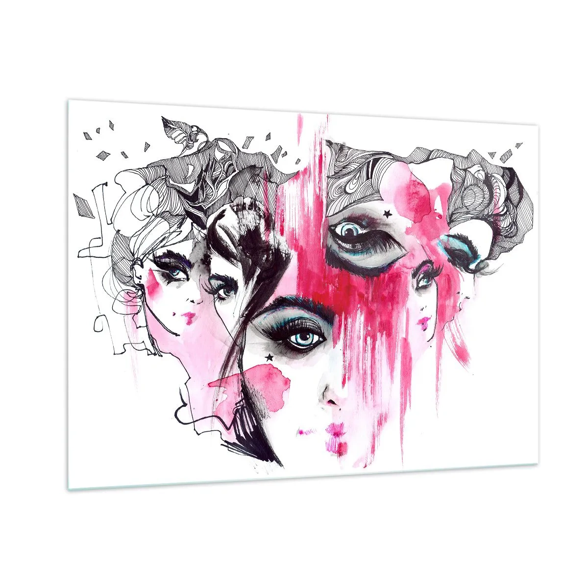 Impression sur verre - Image sur verre - Visages féminins abstraits avec des accents roses dans un style croquis. - 100x70cm - Yeux abstraits - Décoration murale moderne pour le salon et la chambre ARTTOR