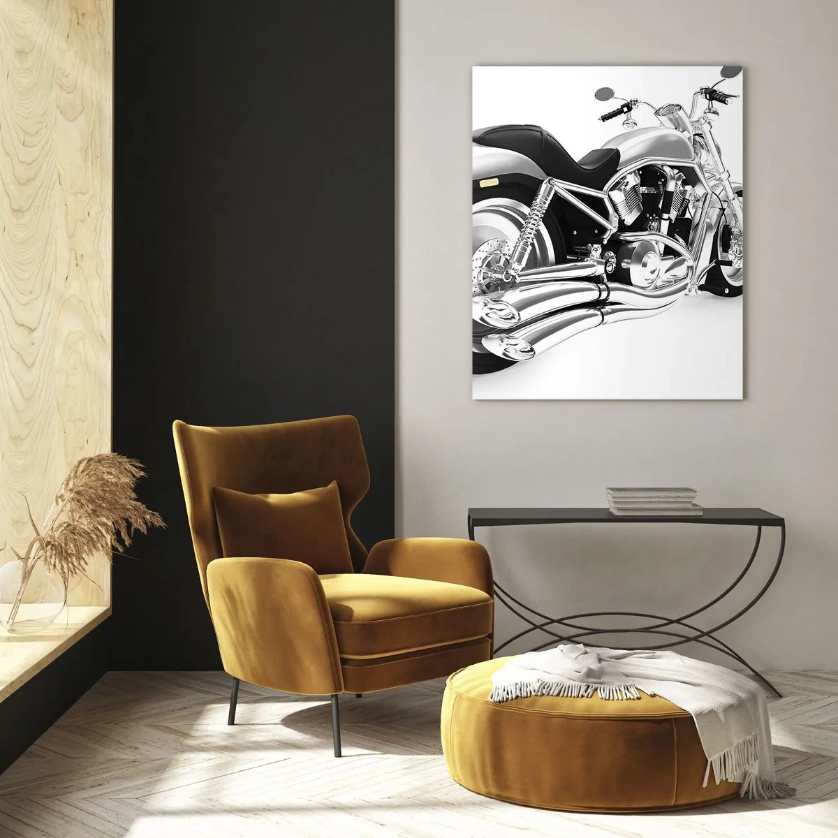 Impression sur verre - Image sur verre - Une moto chromée de style moderne sur fond blanc - 50x70cm - Rêve de collectionneur - Décoration murale moderne pour le salon et la chambre ARTTOR