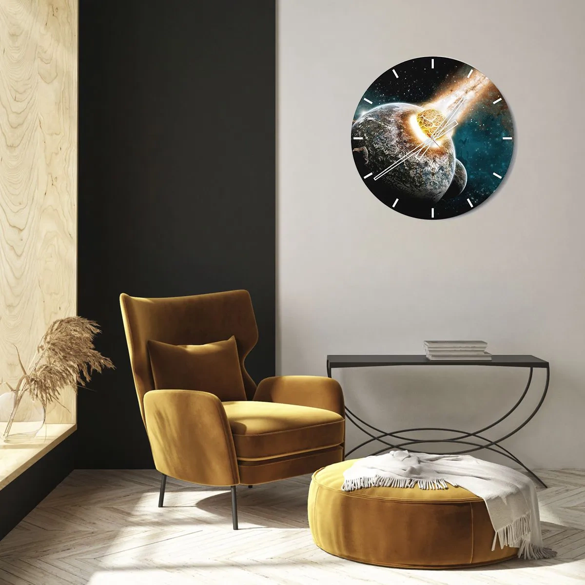 Horloge murale - Pendule murale - La Terre et une météorite dans une explosion cosmique - 30x30cm - Destruction ou naissance? - Décoration murale moderne pour le salon, la cuisine et la chambre ARTTOR