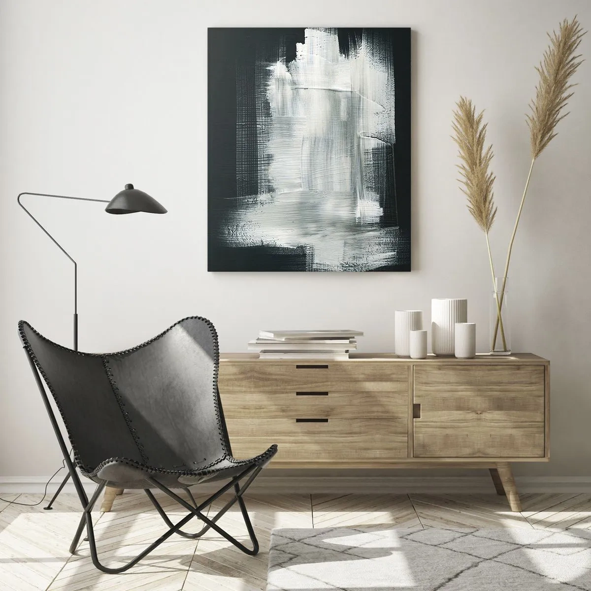 Impression sur verre - Image sur verre - Traits abstraits blancs sur fond sombre - 80x120cm - Tissé à la verticale et à l'horizontale - Décoration murale moderne pour le salon et la chambre ARTTOR