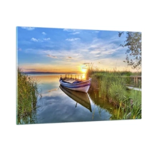 Impression sur verre - Image sur verre - Un bateau amarré au bord d'un lac au coucher du soleil - 120x80cm - La crique où les rêves deviennent réalité - Décoration murale moderne pour le salon et la chambre ARTTOR