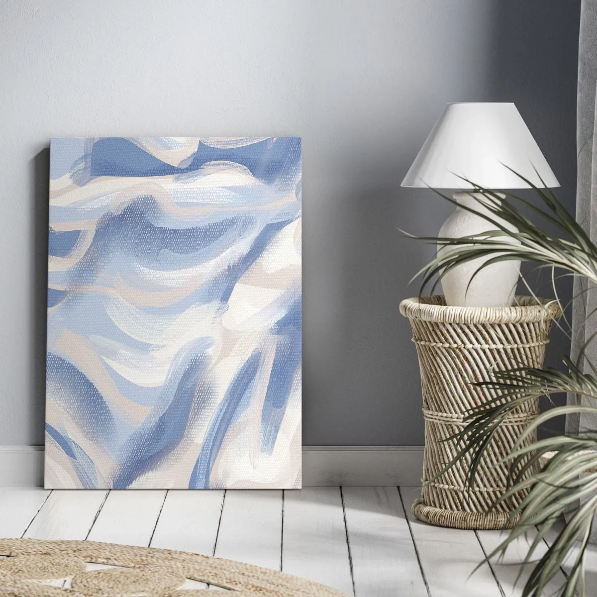 Impression sur toile - Image sur toile - Coups de pinceau abstraits dans des tons de bleu et de beige - 50x70cm - Vagues bleues - Décoration murale moderne pour le salon et la chambre ARTTOR