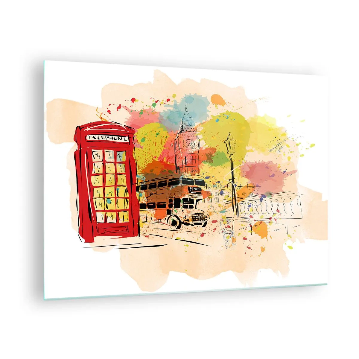 Impression sur verre - Image sur verre - Une cabine téléphonique rouge, un bus à impériale et Big Ben - 70x50cm - La ville de la variété - Décoration murale moderne pour le salon et la chambre ARTTOR