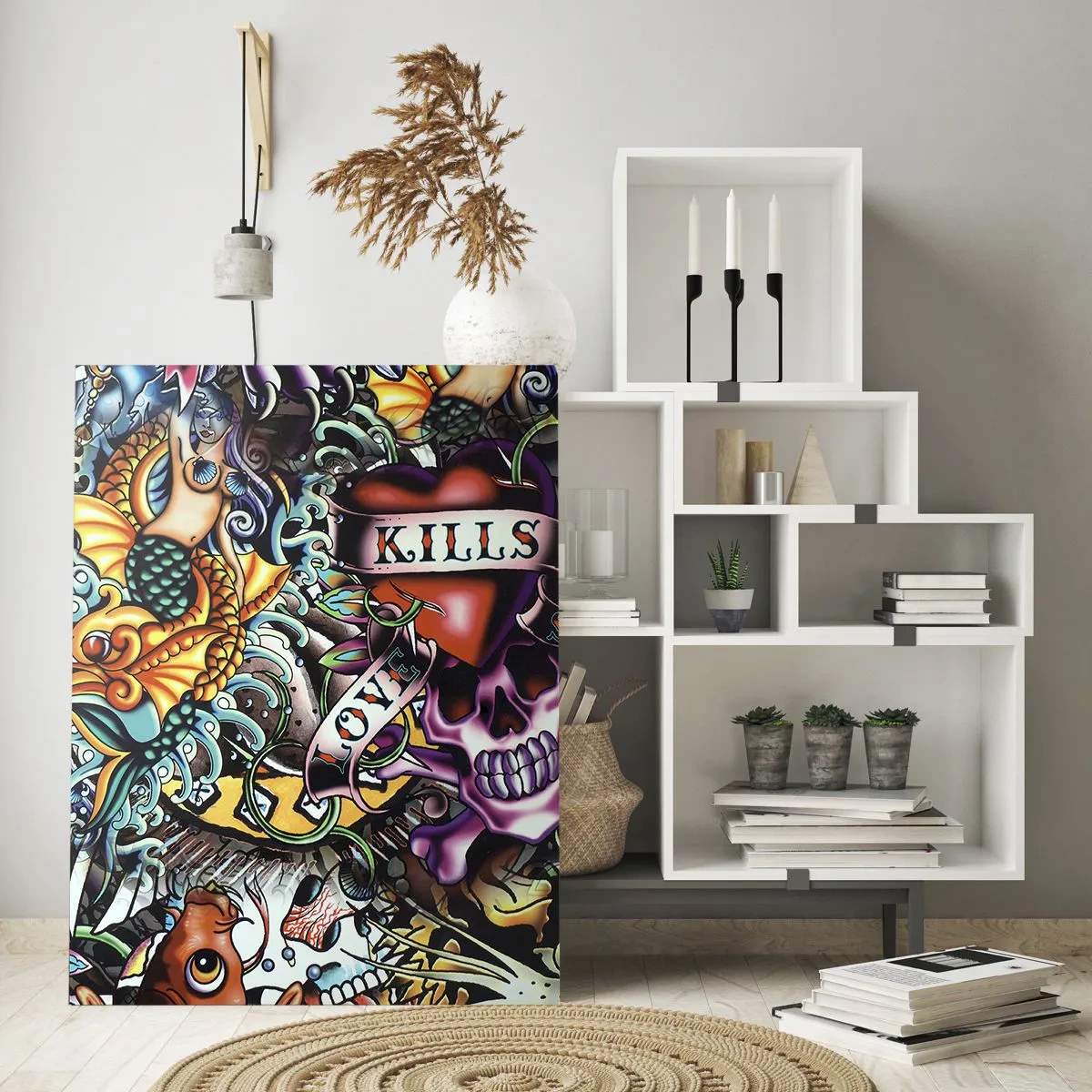 Impression sur verre - Image sur verre - Une composition colorée de motifs inspirés de l'art du tatouage - 50x70cm - Le rêve du tatoueur - Décoration murale moderne pour le salon et la chambre ARTTOR