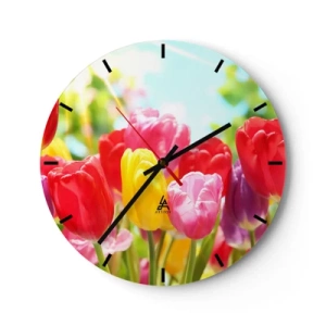 Horloge murale - Pendule murale - Tulipes colorées contre un ciel lumineux et ensoleillé - 30x30cm - C'est nous, les couleurs de Mai! - Décoration murale moderne pour le salon, la cuisine et la chambre ARTTOR