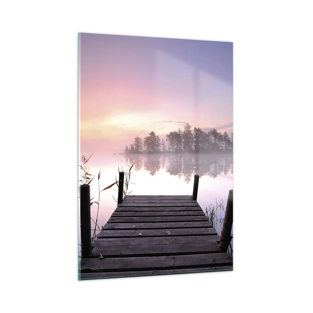 Impression sur verre - Image sur verre - Une jetée au lever du soleil sur un lac calme - 50x70cm - De la brume lilas… - Décoration murale moderne pour le salon et la chambre ARTTOR