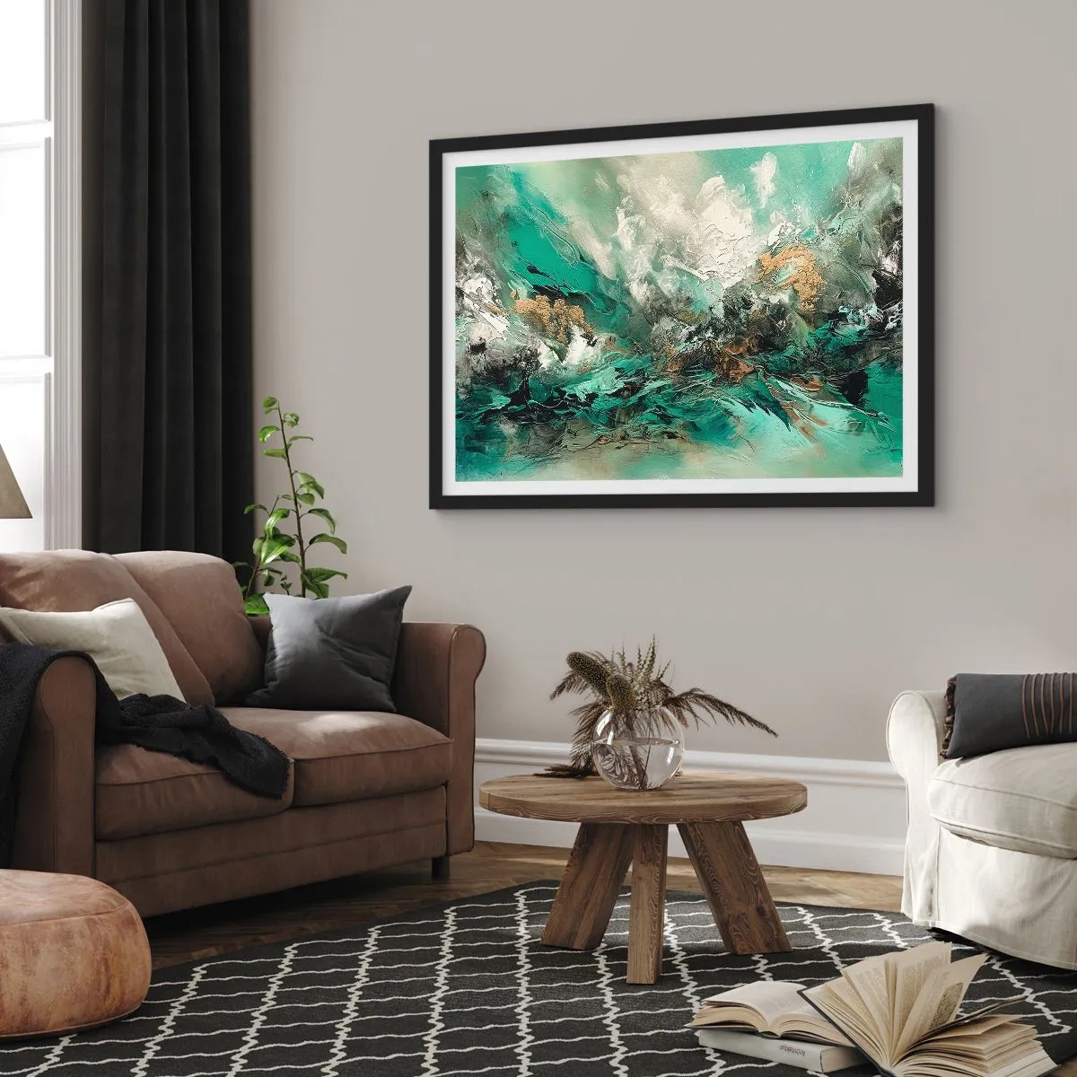 Affiche dans un cadre noir - Poster - Paysage abstrait dans les tons de vert et d'or - 70x50cm - Ressac émeraude et noir - Décoration murale moderne pour le salon et la chambre ARTTOR