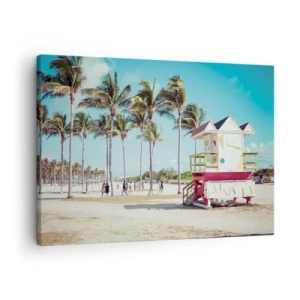 Impression sur toile - Image sur toile - Une plage avec des palmiers et une tour de sauvetage en arrière-plan - 70x50cm - Une belle journée devant toi - Décoration murale moderne pour le salon et la chambre ARTTOR