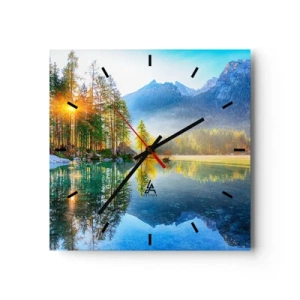 Horloge murale - Pendule murale - Un lac entouré de montagnes et de forêts sous les rayons du soleil - 30x30cm - Majesté et douceur - Décoration murale moderne pour le salon et la chambre ARTTOR