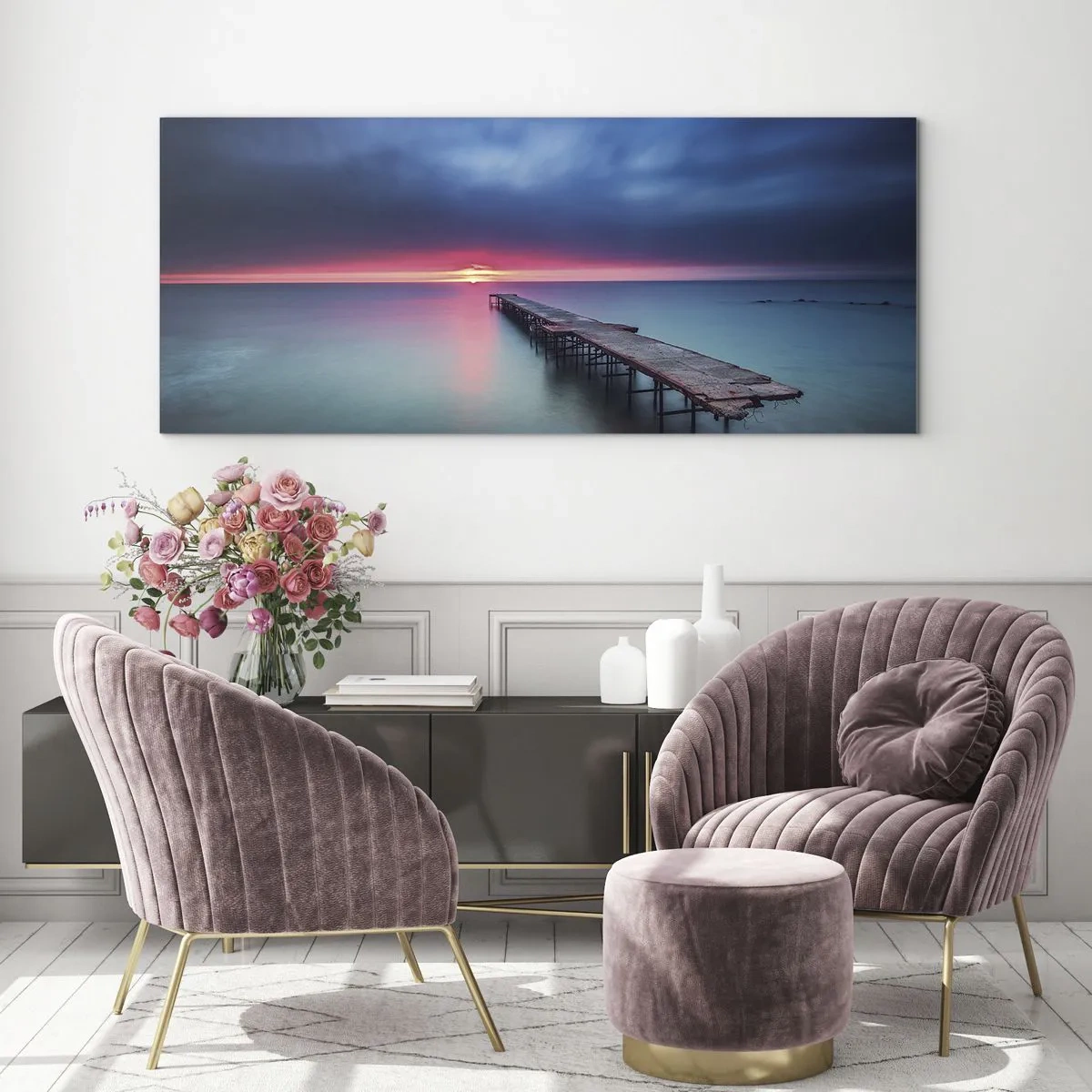 Impression sur verre - Image sur verre - Une jetée en bois menant directement à la mer au coucher du soleil - 160x50cm - Entre le ciel et la terre - Décoration murale moderne pour le salon et la chambre ARTTOR