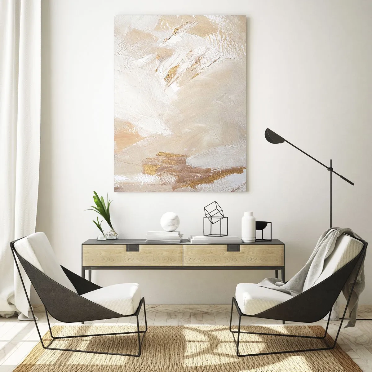 Impression sur verre - Image sur verre - Abstraction beige et blanche avec des accents dorés - 50x70cm - Composition pastel - Décoration murale moderne pour le salon et la chambre ARTTOR