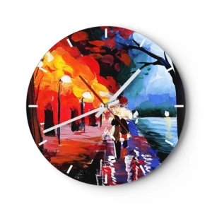Horloge murale - Pendule murale - Un paysage coloré avec un couple marchant à la lumière d'un lampadaire. - 30x30cm - Automne flamboyant dans le parc - Décoration murale moderne pour le salon, la cuisine et la chambre ARTTOR