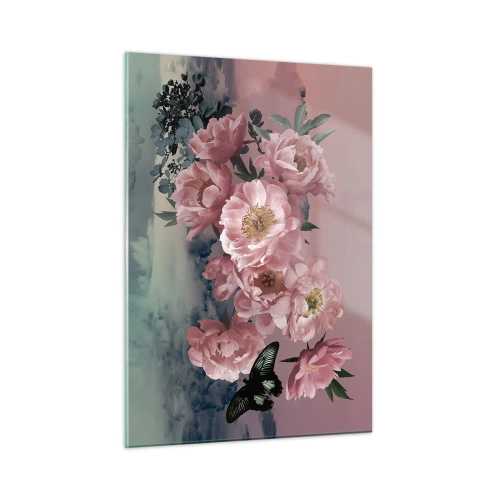 Impression sur verre - Image sur verre - Pivoines roses avec un papillon contre le ciel - 50x70cm - Pic du romantisme - Décoration murale moderne pour le salon et la chambre ARTTOR
