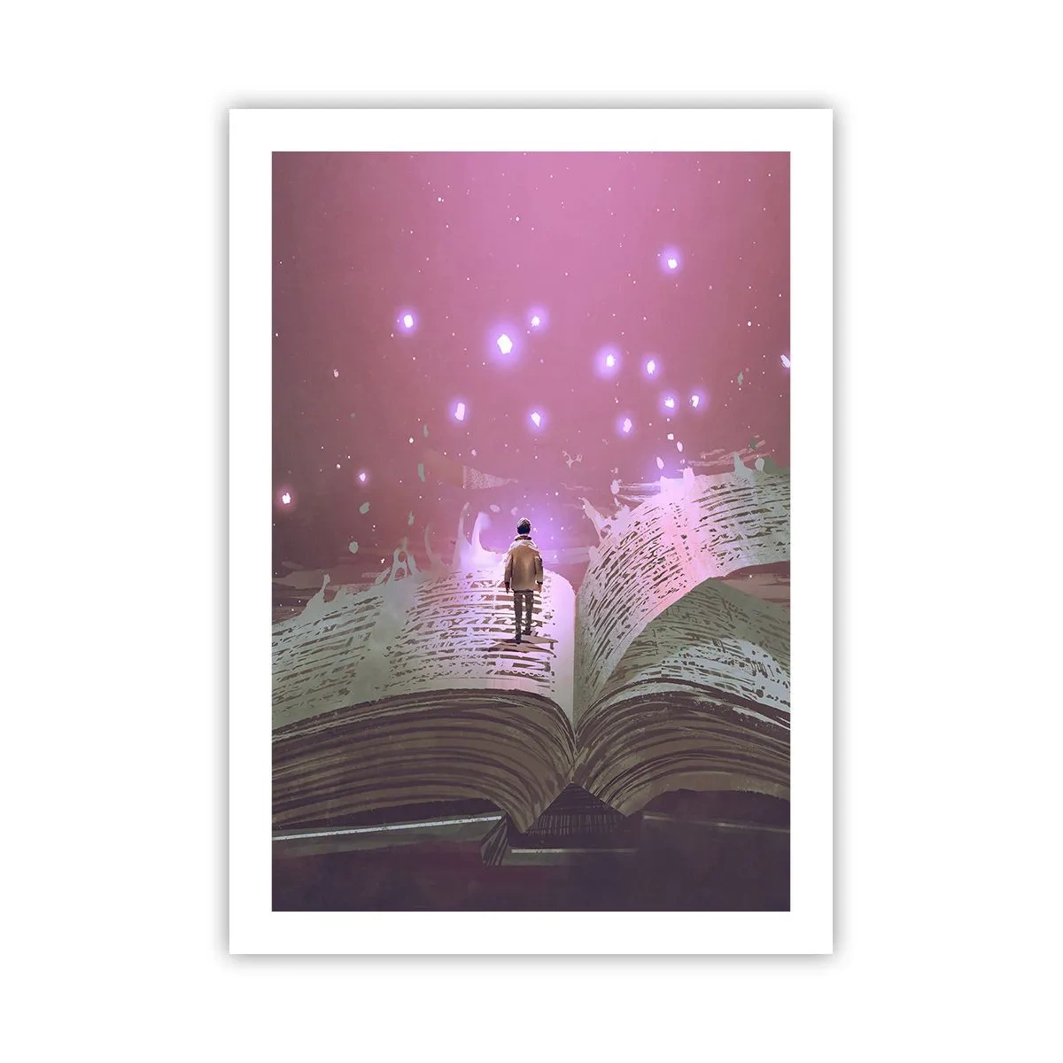 Affiche - Poster - Une figure dans un décor magique debout sur un livre ouvert - 50x70cm - Invitation à un autre monde - lisez ! - Décoration murale moderne pour le salon et la chambre ARTTOR