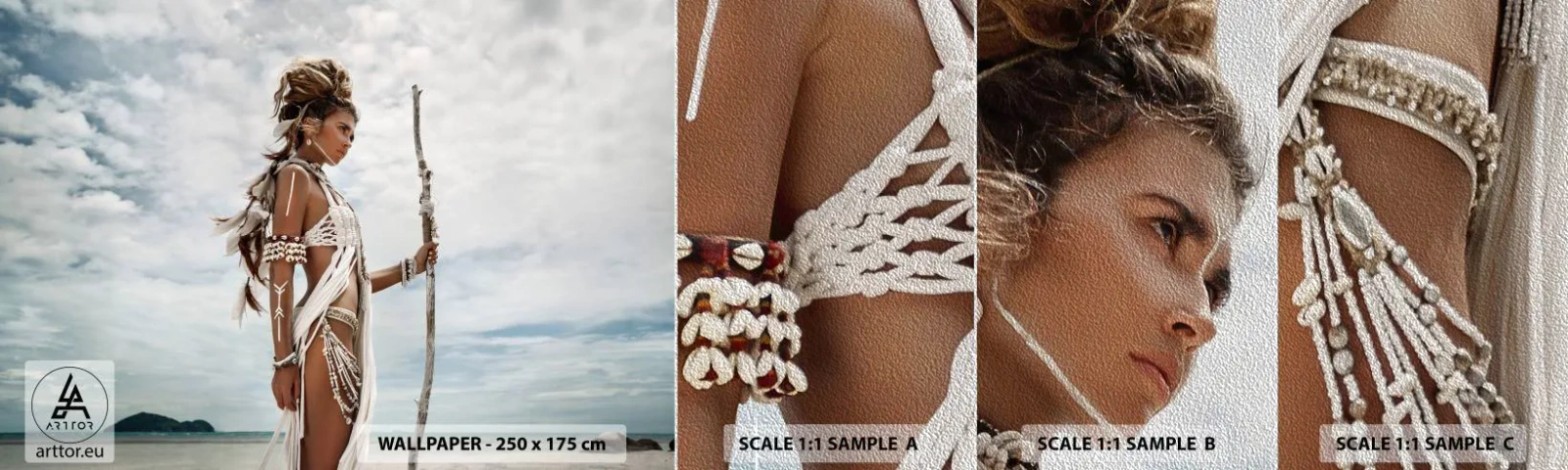 Échantillon de Papier Peint Premium Sand - Reine des tropiques - Femme, Robe ethnique, Tribu - 100x30 cm