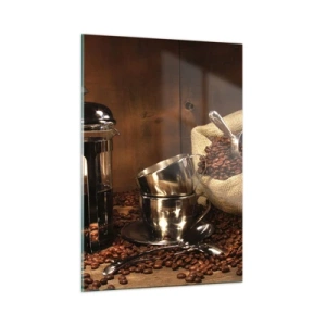 Impression sur verre - Image sur verre - Cafetière, tasses et un sac de grains de café - 50x70cm - Le charme du café - arôme et goût - Décoration murale moderne pour le salon et la chambre ARTTOR