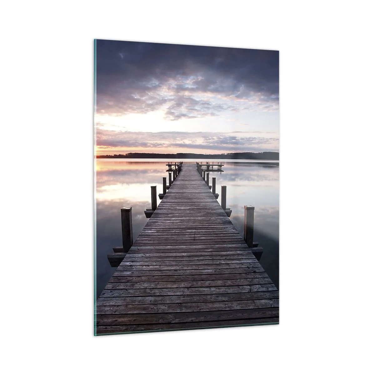 Impression sur verre - Image sur verre - Jetée en bois sur le lac au coucher du soleil - 50x70cm - Une frontière tranquille entre le jour et la nuit - Décoration murale moderne pour le salon et la chambre ARTTOR