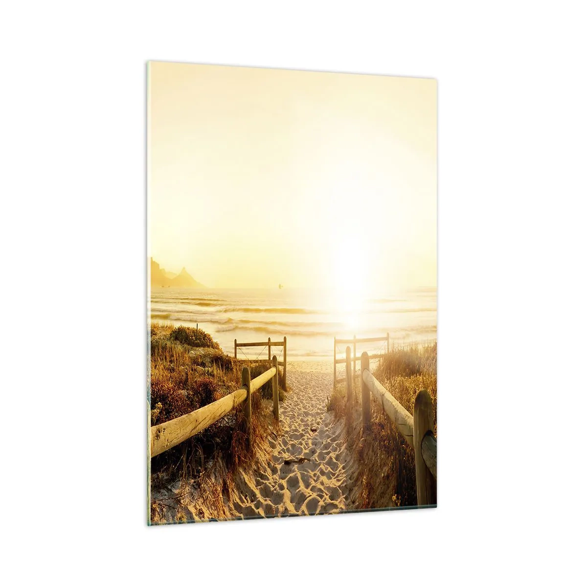 Impression sur verre - Image sur verre - Chemin sur la dune menant à la plage au coucher du soleil - 50x70cm - A travers la dune, vers le soleil - Décoration murale moderne pour le salon et la chambre ARTTOR