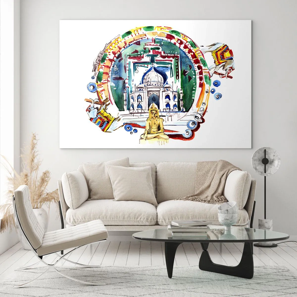Impression sur verre - Image sur verre - Illustration colorée de monuments indiens à l'aquarelle - 70x50cm - Équilibre mondial hindou - Décoration murale moderne pour le salon et la chambre ARTTOR