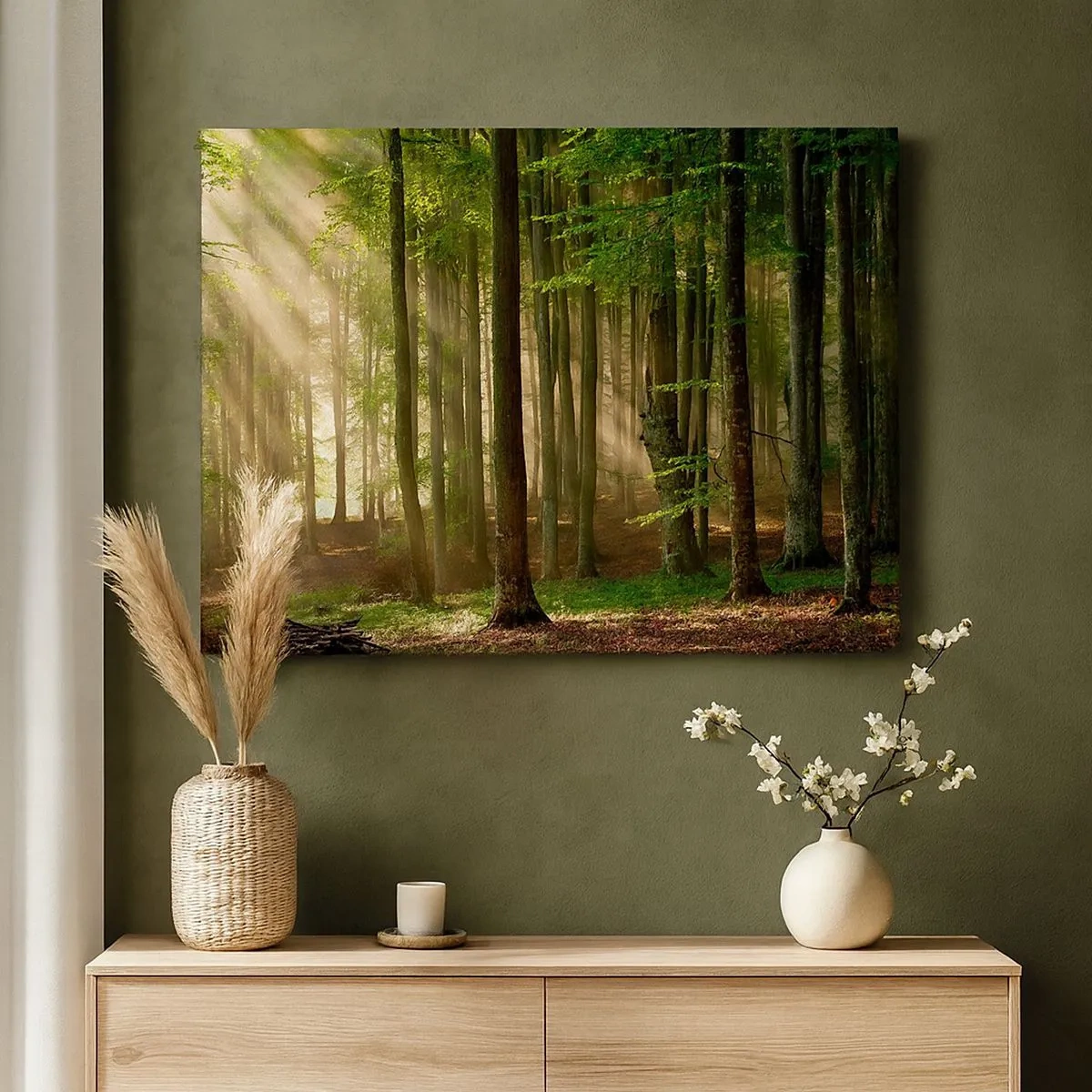 Impression sur toile - Image sur toile - Les rayons du soleil pénètrent à travers les arbres de la forêt - 70x50cm - Rayon d'un matin de printemps - Décoration murale moderne pour le salon et la chambre ARTTOR
