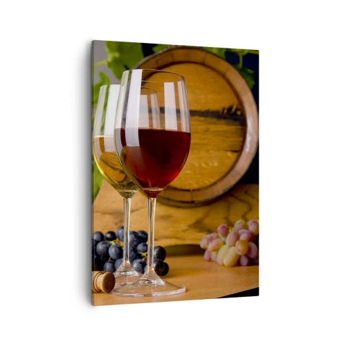 Impression sur toile - Image sur toile - Verres de vin avec des raisins, un tonneau et des bouteilles sur une table en bois - 50x70cm - Comme les vieux maîtres - Décoration murale moderne pour le salon et la chambre ARTTOR