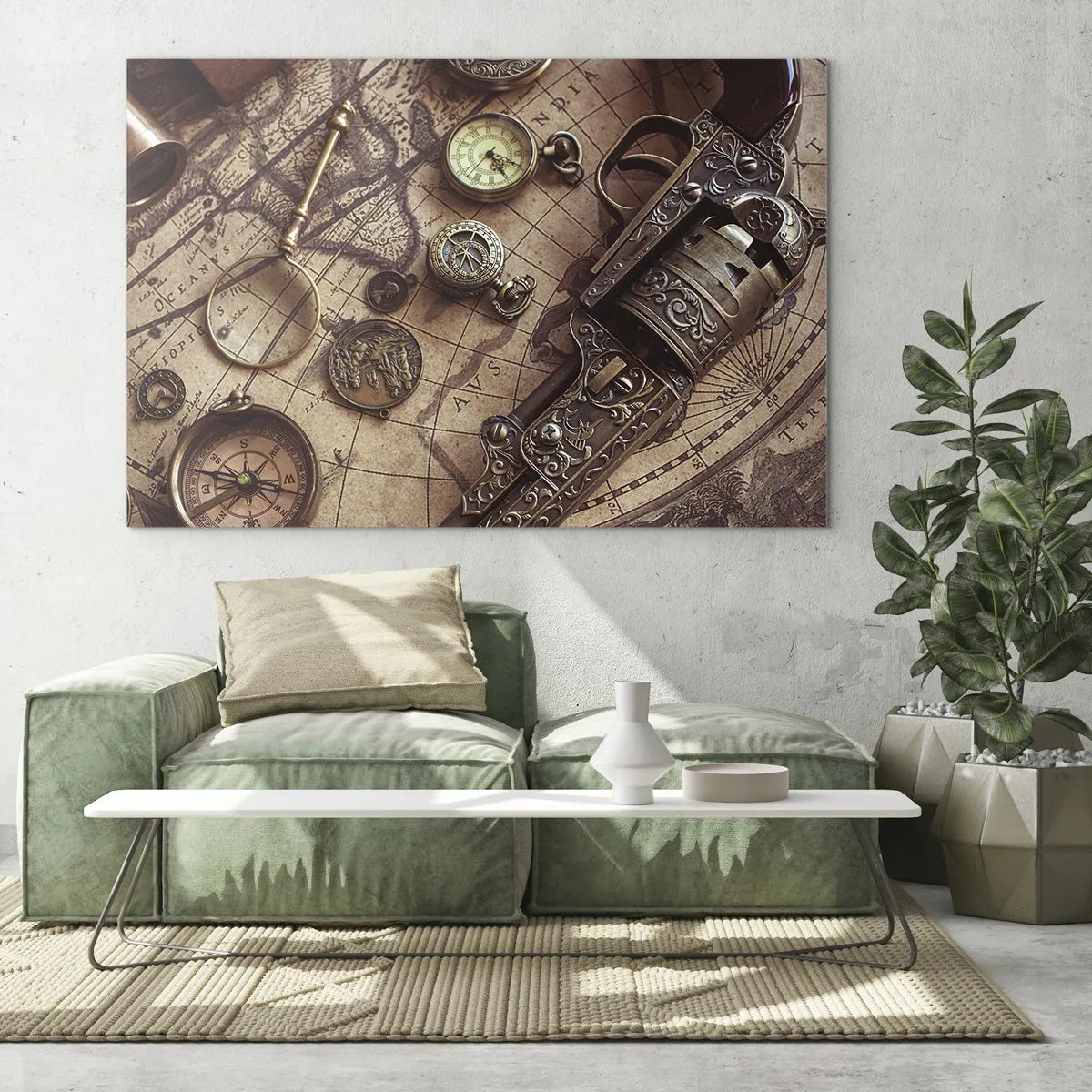 Impression sur verre - Image sur verre - Des objets anciens et une carte - 120x80cm - L'aventure appelle - Décoration murale moderne pour le salon et la chambre ARTTOR