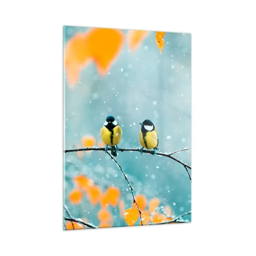 Impression sur verre - Image sur verre - Deux mésanges assises sur une brindille parmi les feuilles qui tombent - 50x70cm - Potins d'oiseaux - Décoration murale moderne pour le salon et la chambre ARTTOR
