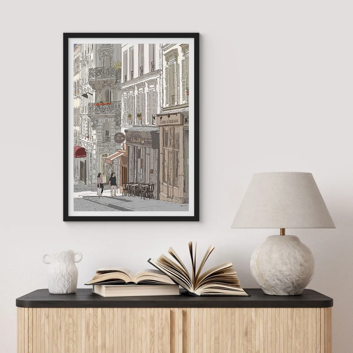 Affiche dans un cadre noir - Poster - Illustration d'une charmante rue de style parisien - 50x70cm - Joie de la ville - Décoration murale moderne pour le salon et la chambre ARTTOR