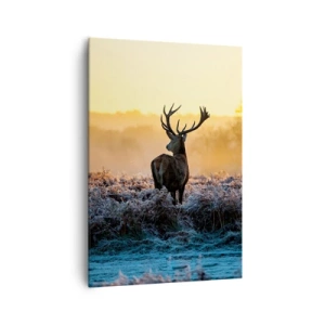 Impression sur toile - Image sur toile - Un cerf dans une clairière gelée au lever du soleil - 70x100cm - Couronné pour sa succession - Décoration murale moderne pour le salon et la chambre ARTTOR