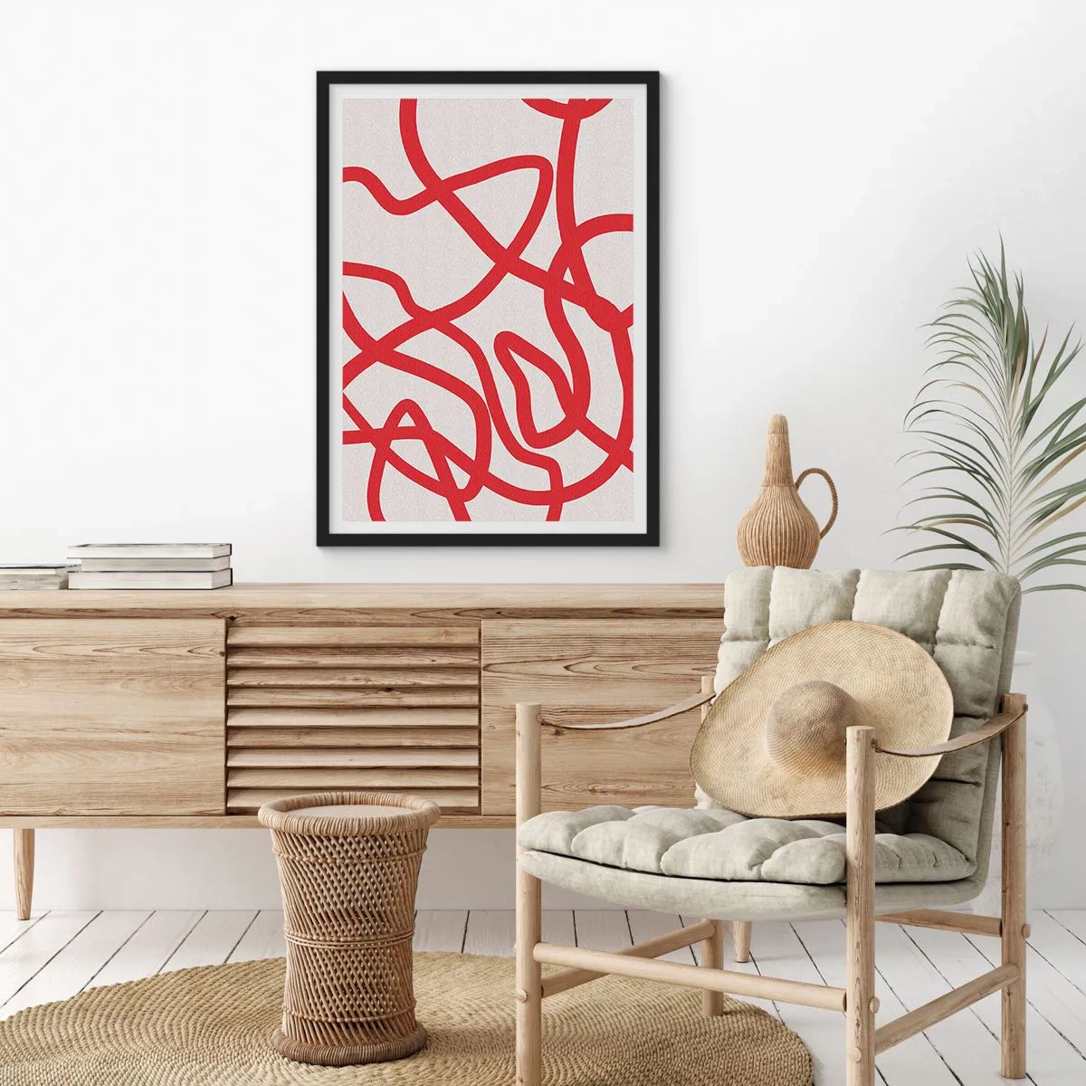 Affiche dans un cadre noir - Poster - Composition abstraite de lignes rouges dynamiques sur fond clair. - 50x70cm - Rouge sur blanc - Décoration murale moderne pour le salon et la chambre ARTTOR