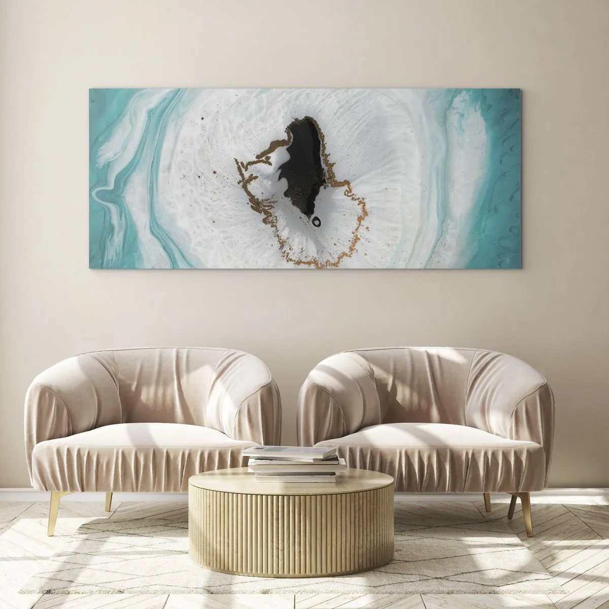 Impression sur verre - Image sur verre - Motif de géode abstrait dans des tons de turquoise, blanc et or - 160x50cm - Pénétrer à l'intérieur - Décoration murale moderne pour le salon et la chambre ARTTOR