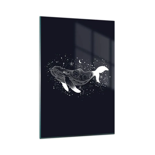 Impression sur verre - Image sur verre - Une illustration graphique d'une baleine dans un style de l'ère spatiale. - 80x120cm - Dans l'océan de l'univers - Décoration murale moderne pour le salon et la chambre ARTTOR
