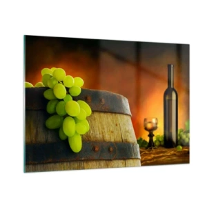 Impression sur verre - Image sur verre - Raisins sur un tonneau dans un cadre rustique avec du vin en arrière-plan - 100x70cm - Nature morte avec une bouteille de vin et une grappe de raisin - Décoration murale moderne pour le salon et la chambre ARTTOR