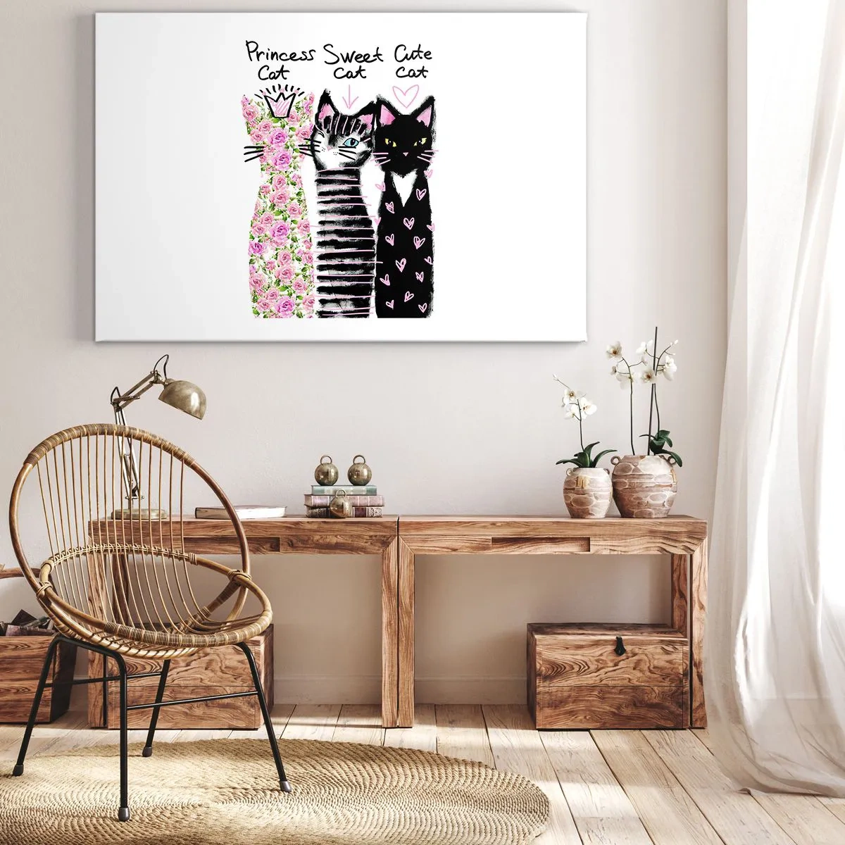 Impression sur toile - Image sur toile - Trois chats aux motifs artistiques variés - 120x80cm - Il y avait trois chats - Décoration murale moderne pour le salon et la chambre ARTTOR