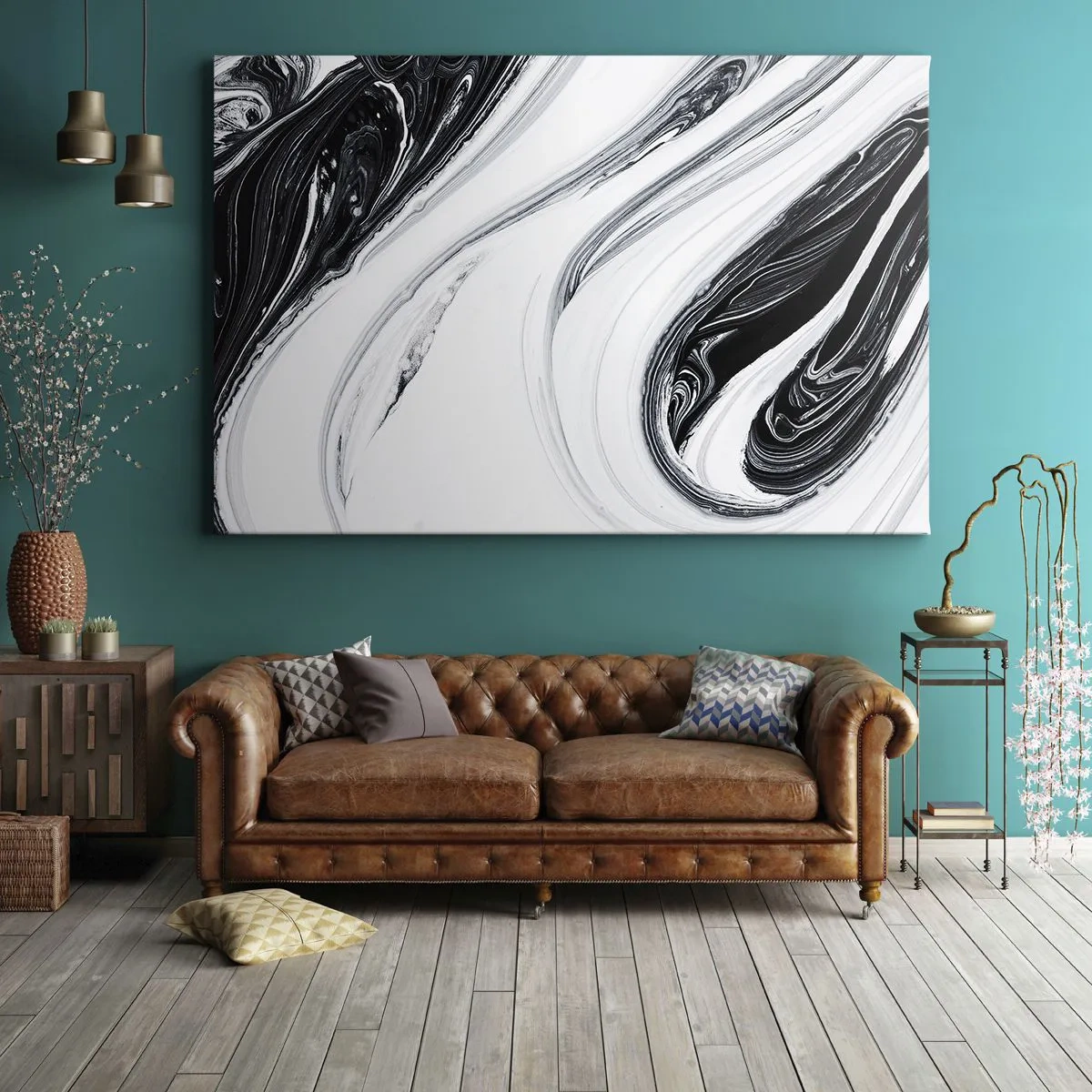Impression sur toile - Image sur toile - Abstraction en noir et blanc avec des lignes et des tourbillons dynamiques - 100x70cm - Une combinaison d'opposés - Décoration murale moderne pour le salon et la chambre ARTTOR
