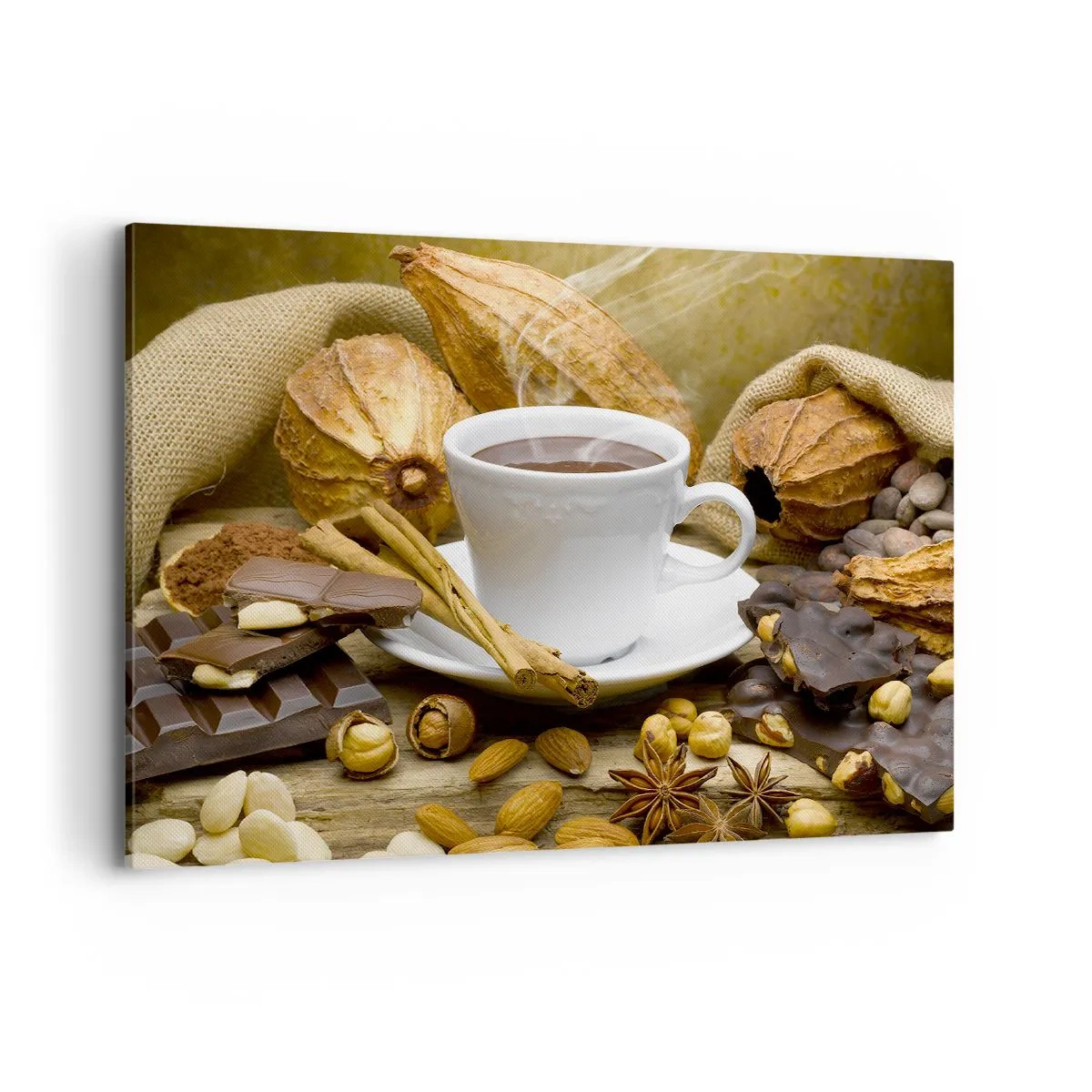 Impression sur toile - Image sur toile - Une tasse de chocolat chaud entourée de cacao et de cannelle - 100x70cm - Pour les amateurs de sensations fortes - Décoration murale moderne pour le salon et la chambre ARTTOR