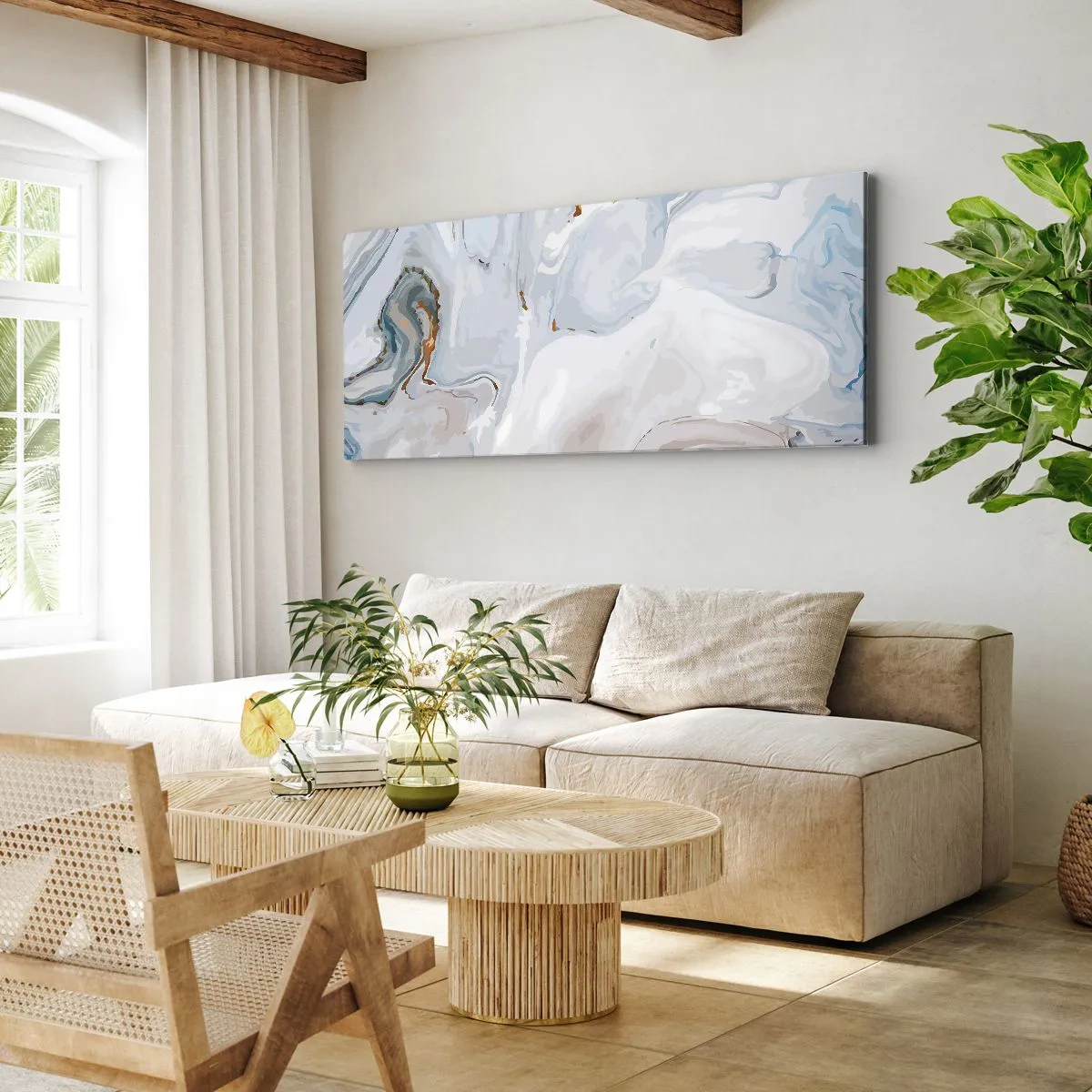 Impression sur toile - Image sur toile - Vagues abstraites dans des tons de bleu et de blanc - 140x50cm - Blanc surélevé - Décoration murale moderne pour le salon et la chambre ARTTOR