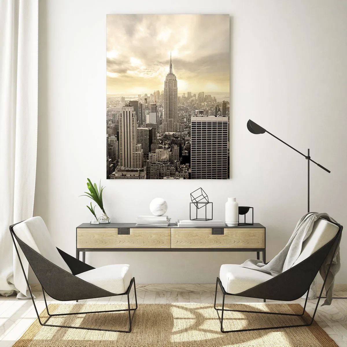 Impression sur verre - Image sur verre - Panorama de la ville avec des gratte-ciels et l'Empire State Building - 50x70cm - New York tissé de gris - Décoration murale moderne pour le salon et la chambre ARTTOR
