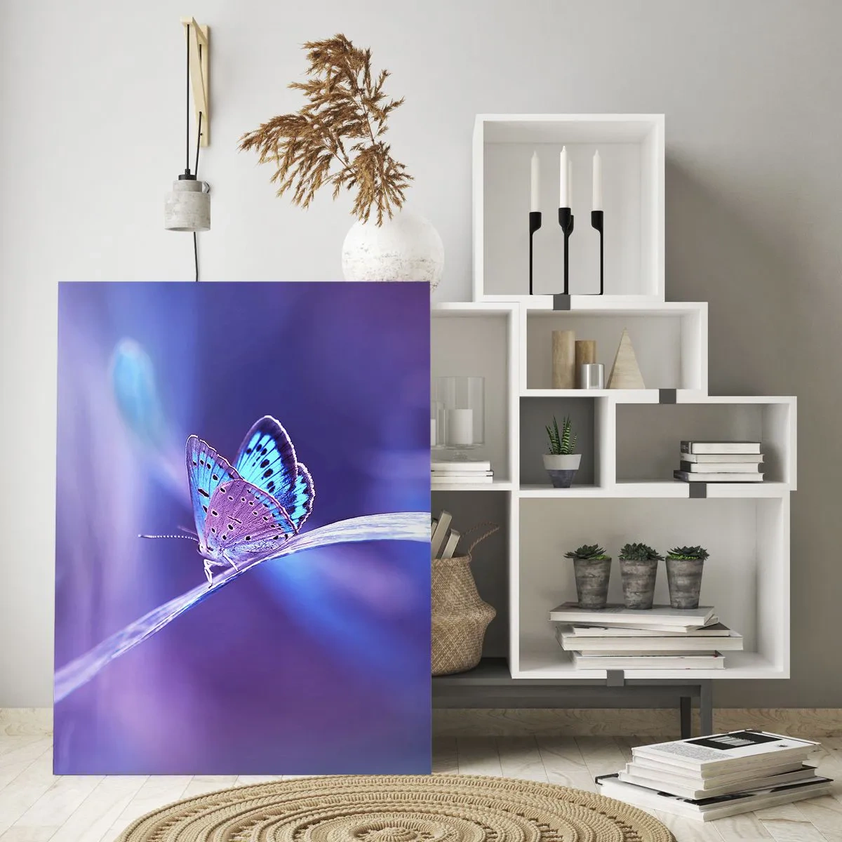 Impression sur verre - Image sur verre - Papillon sur fond de lumière violette - 50x70cm - Un joyau de la nature - Décoration murale moderne pour le salon et la chambre ARTTOR