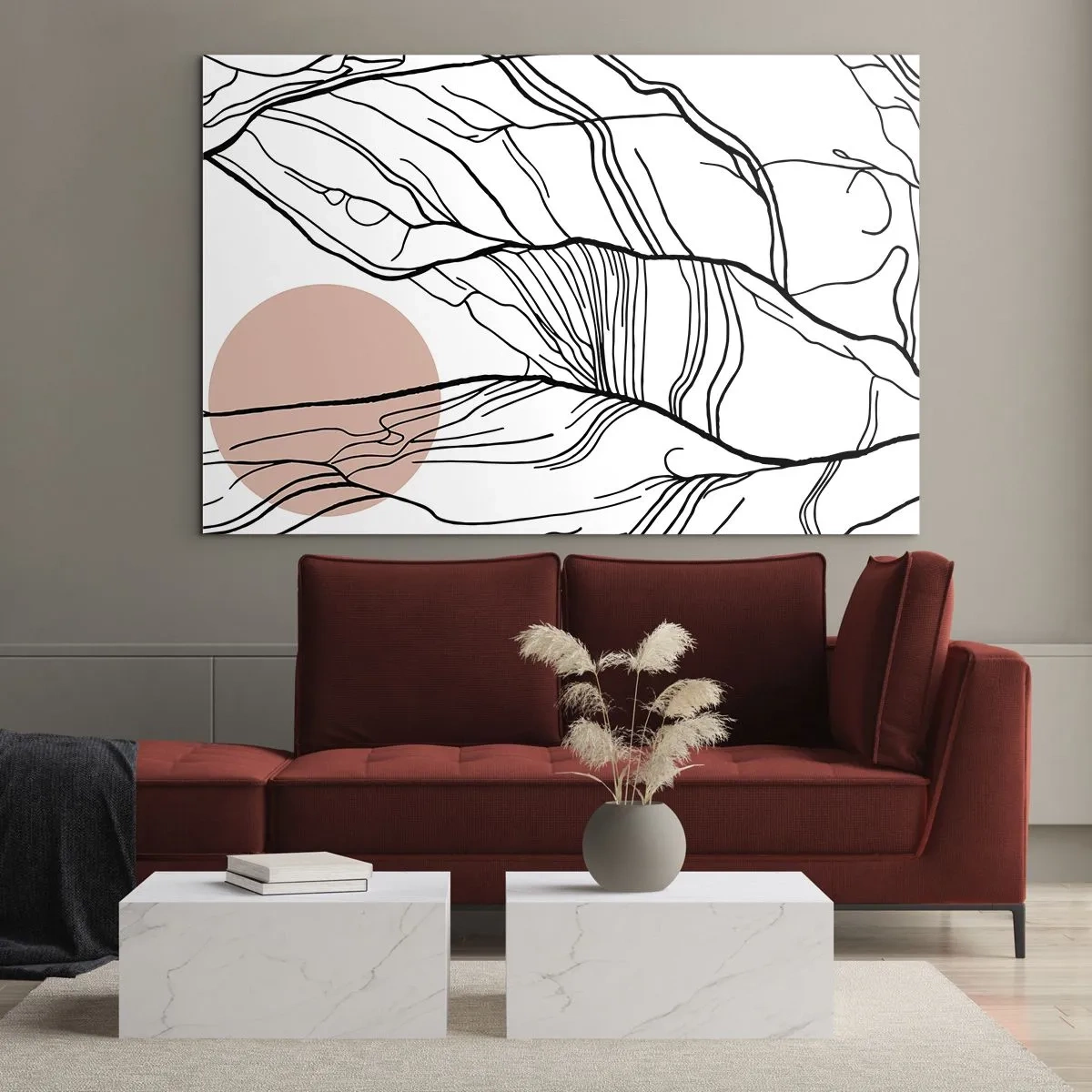 Impression sur verre - Image sur verre - Lignes ombragées de branches avec un soleil beige - 100x70cm - Dans un réseau de brindilles - Décoration murale moderne pour le salon et la chambre ARTTOR