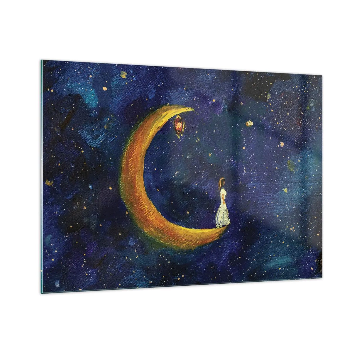 Impression sur verre - Image sur verre - Une figure sur la lune dans le ciel nocturne - 100x70cm - Appel du monde - Décoration murale moderne pour le salon et la chambre ARTTOR