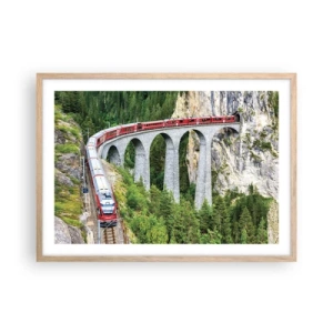 Affiche dans un chêne clair - Poster - Chemin de fer avec vue sur la montagne - 70x50 cm